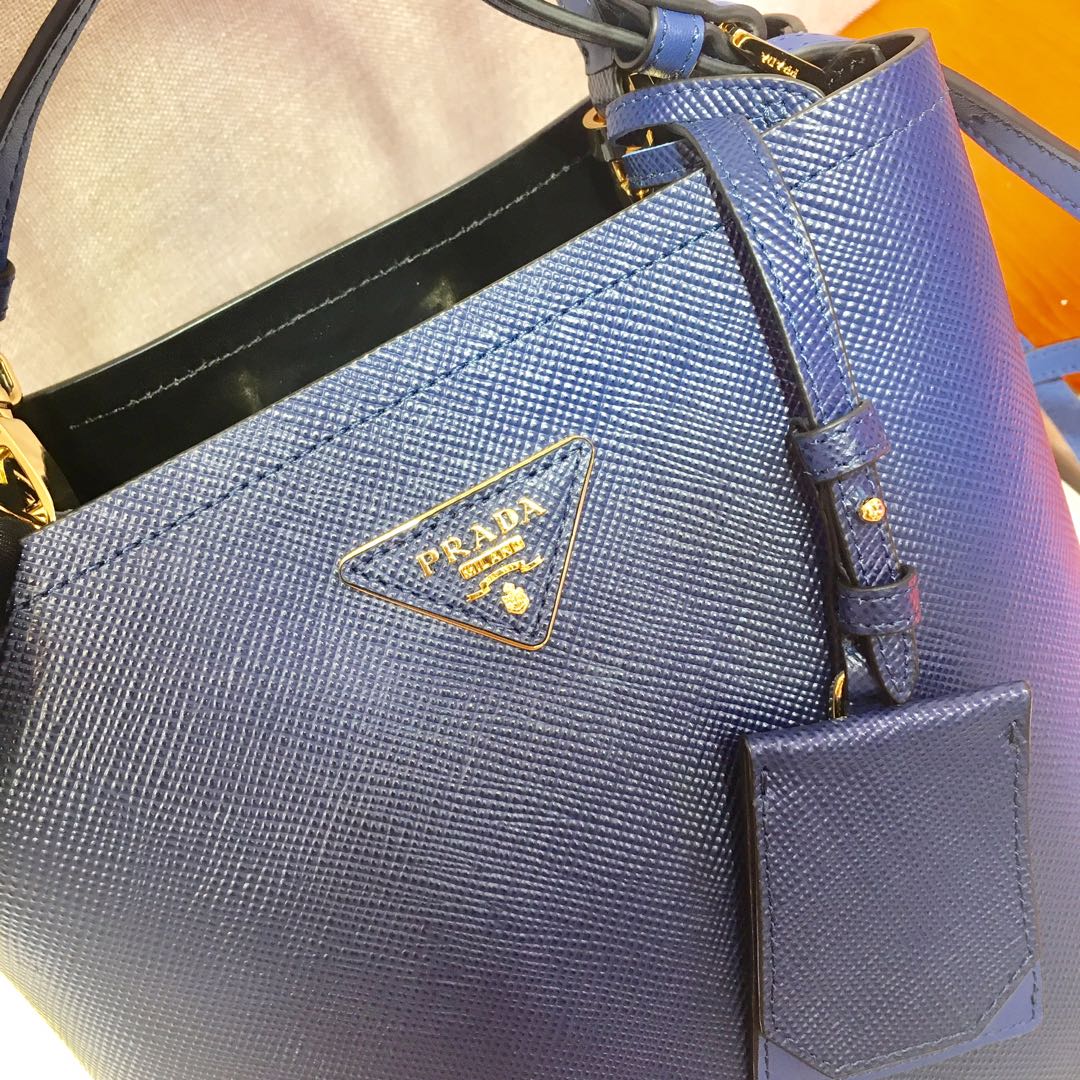 Prada Medium Panier Saffiano Leather Bag Blue/Black 1BA212